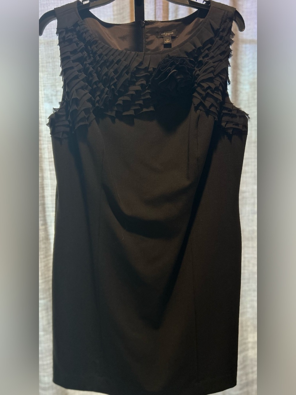 Ann Taylor Black Sleeveless Sheath Dress with Ruffle Yoke